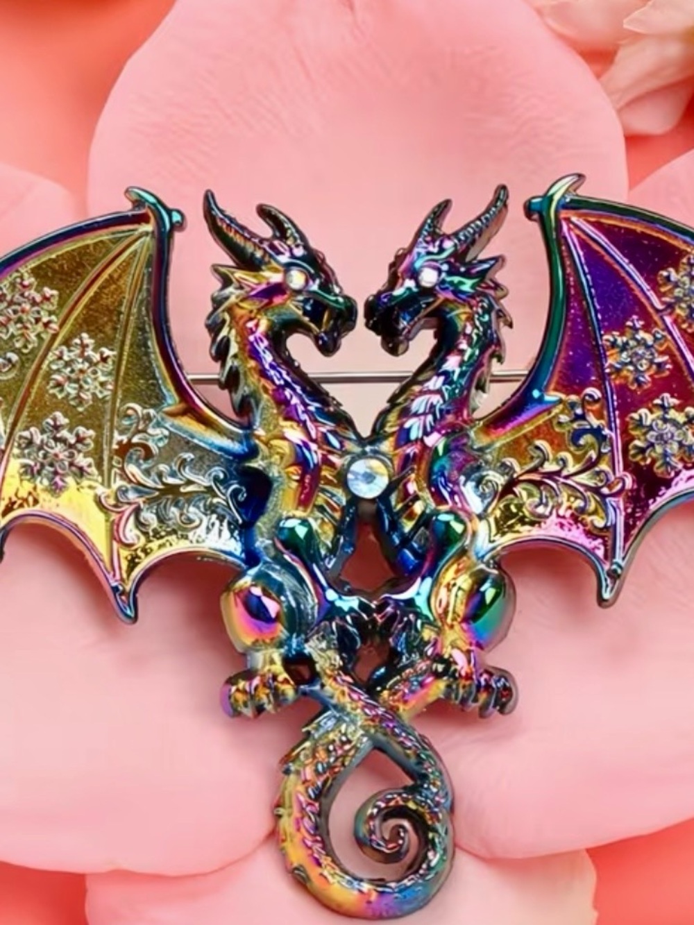 Iridescent Double Dragon Brooch Rainbow Oil Slick Shimmer Fantasy Pin NWOT